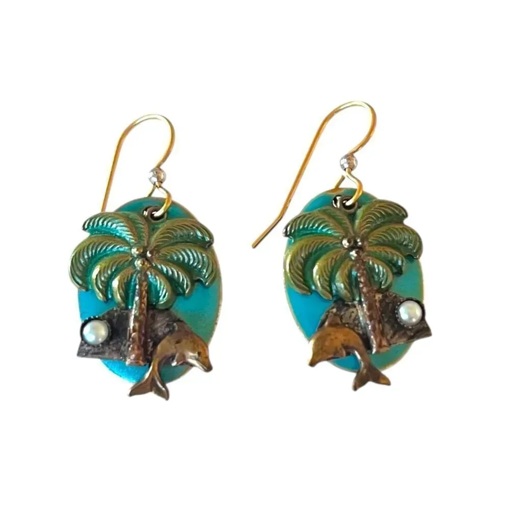 Bronzed Turquoise Metal Dolphin Palm Tree Earrings